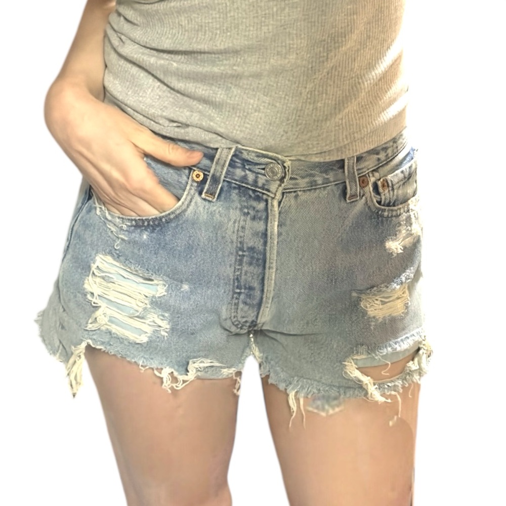 VTG Reworked Levis 501 Cut Off Denim Jean Shorts 26 Distressed Ripped High Waist